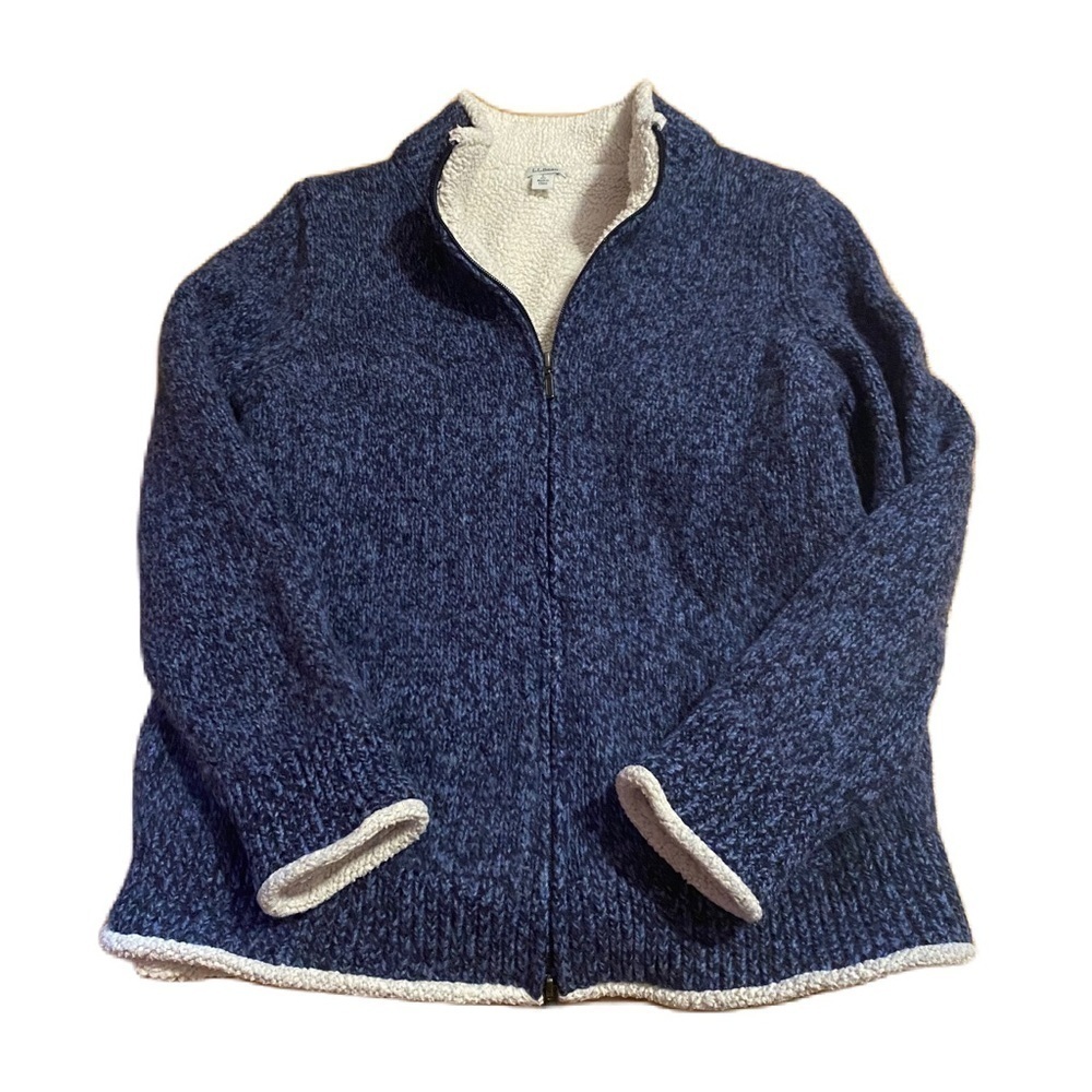 L.L. Bean Blue Full Zip Sweatshirt Jacket Large 100% Lambs Wool Shearling Lined
